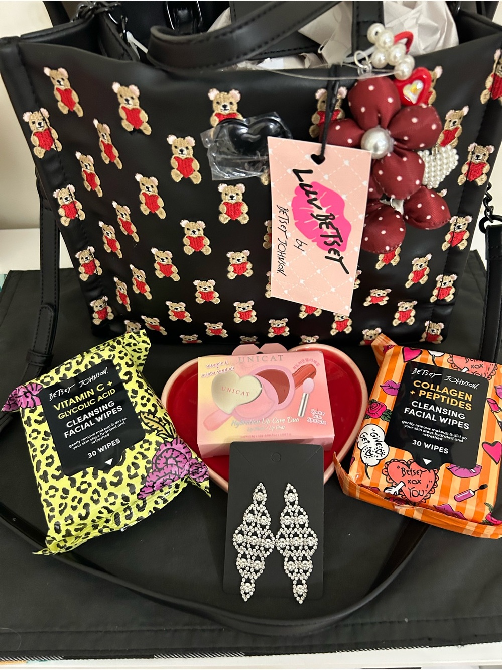 NWT Betsey Johnson Black Teddy Embroidered Tote Bag Bundle